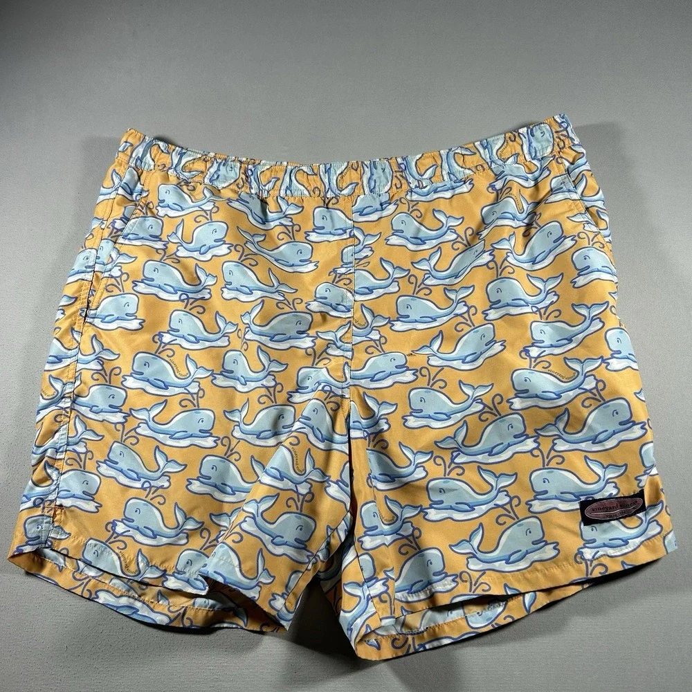 Men's Vineyard Vines Whale Print‎ Swim Trunks Yellow Blue Large Beach AOP EUC